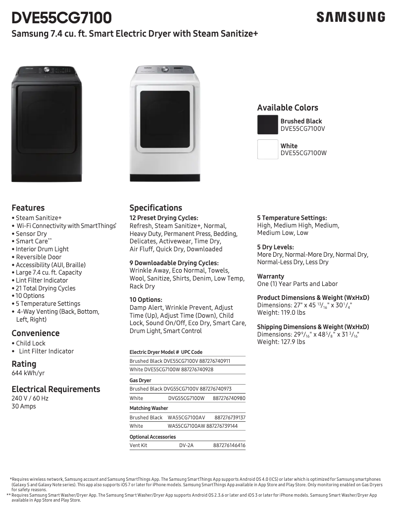 Page n°1 - Fiche technique Samsung DVE55CG7100V