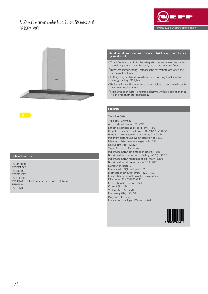 Page 1 de la notice Fiche technique Neff D94QFM1N0B