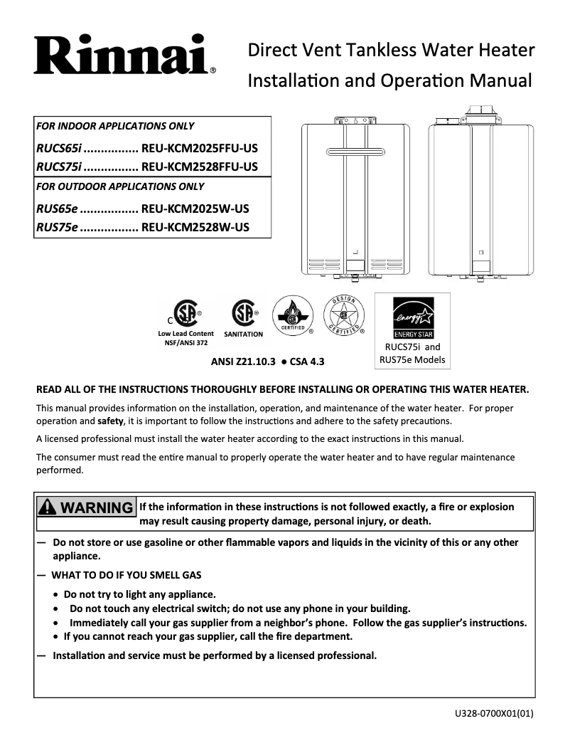 Page 1 de la notice Guide d'installation Rinnai RUCS75iP