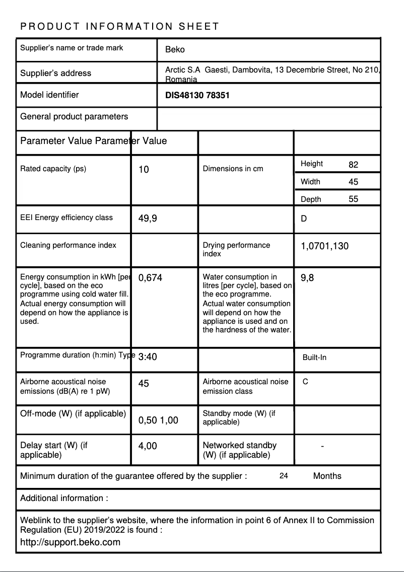 Page 1 de la notice Fiche technique Beko DIS48130
