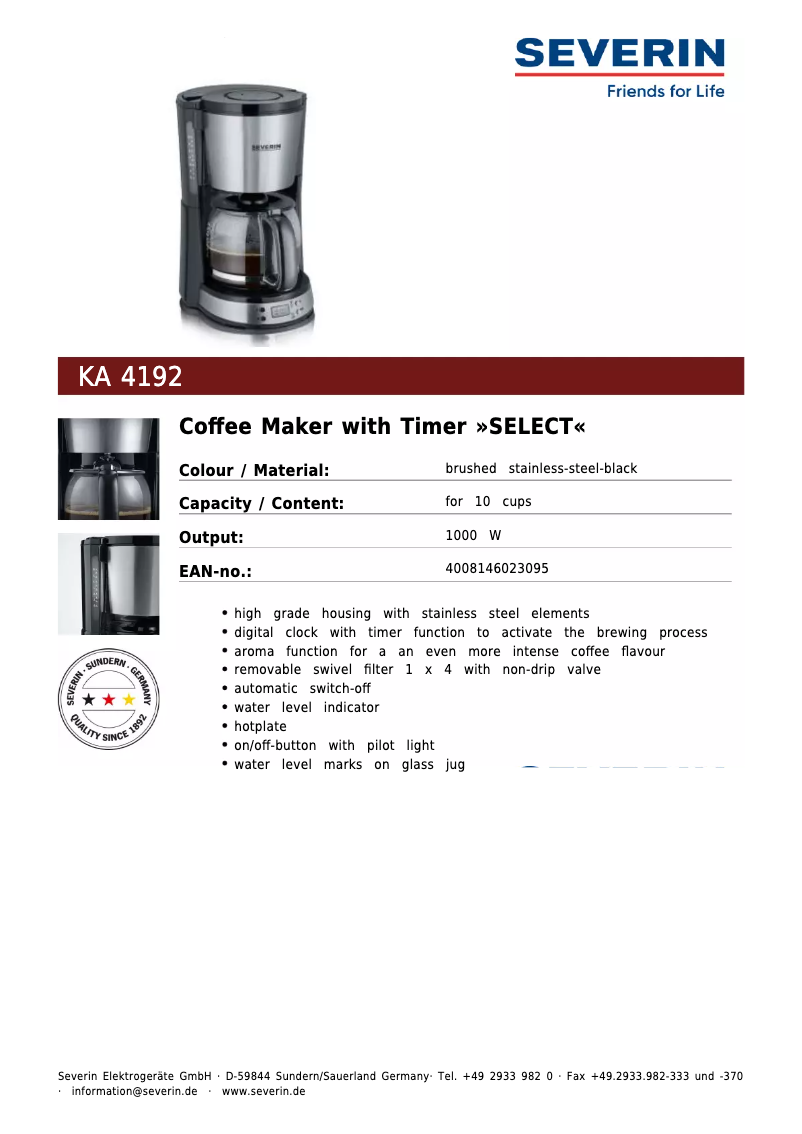 Page 1 de la notice Fiche technique Severin KA 4192