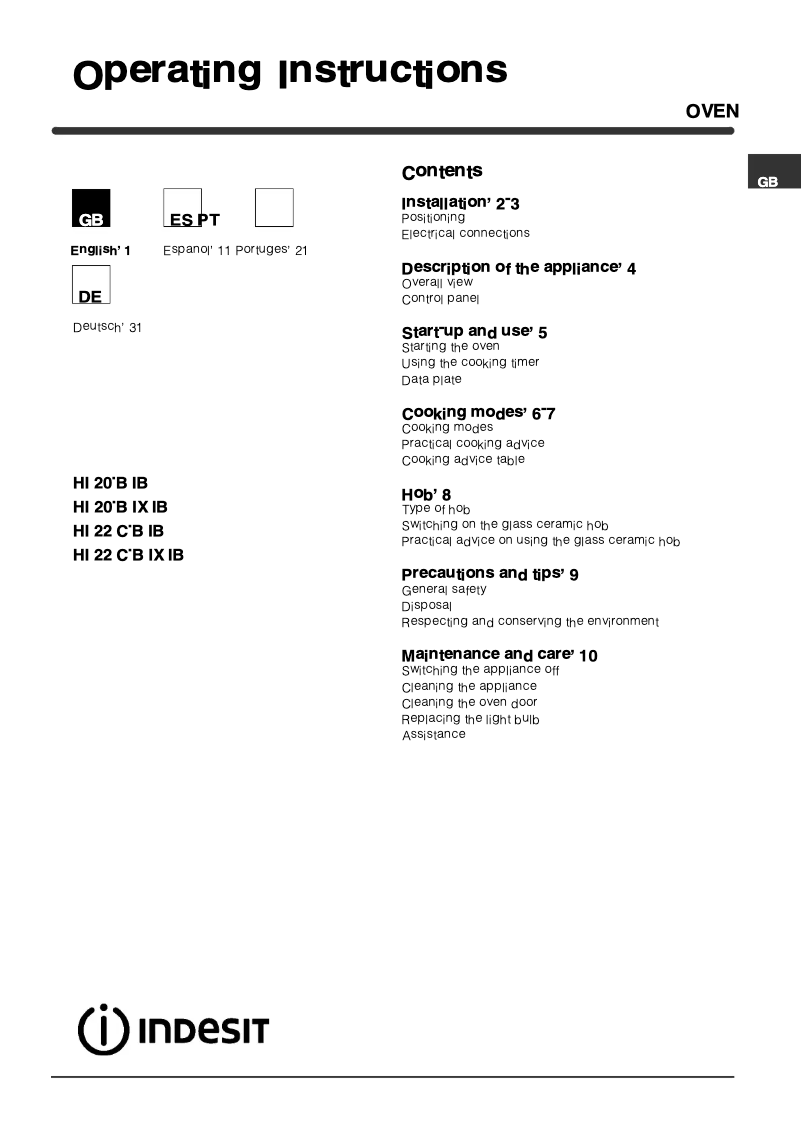 Page n°1 - Manuel utilisateur Indesit HI 20.B (WH) IB