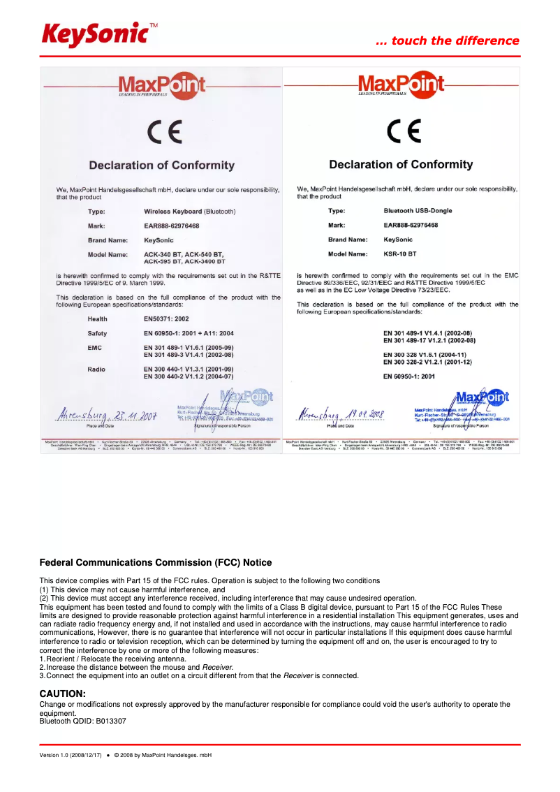 Page 1 de la notice Manuel utilisateur KeySonic ACK-340 BT