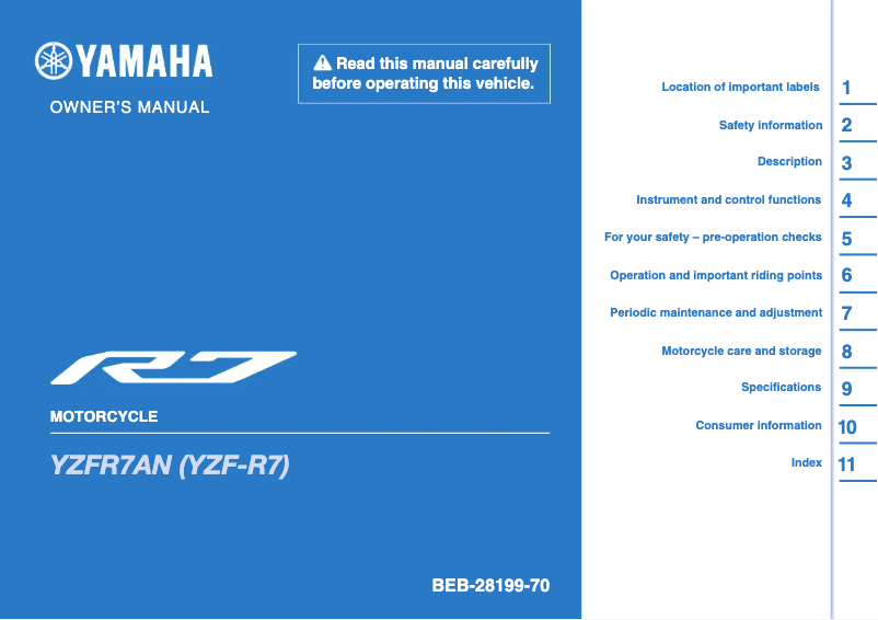 Page 1 de la notice Manuel utilisateur Yamaha YZF-R7HO