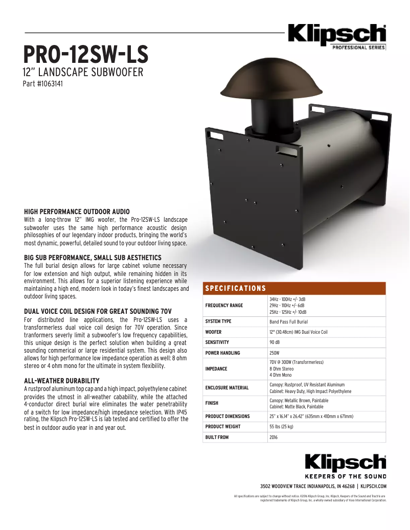 Page 1 de la notice Fiche technique Klipsch PRO-12SW-LS
