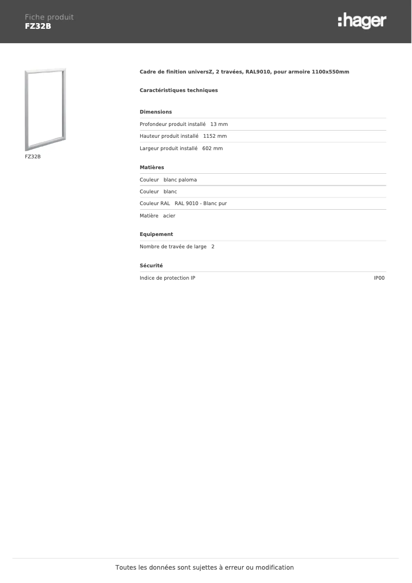 Page 1 de la notice Fiche technique Hager FZ32B