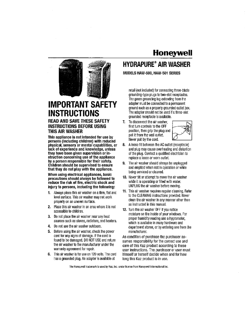 Page 1 de la notice Manuel utilisateur Honeywell HAW-501