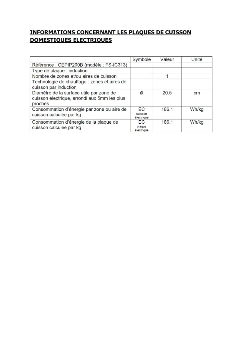 Page 1 de la notice Label énergétique Continental Edison CEPIP200B
