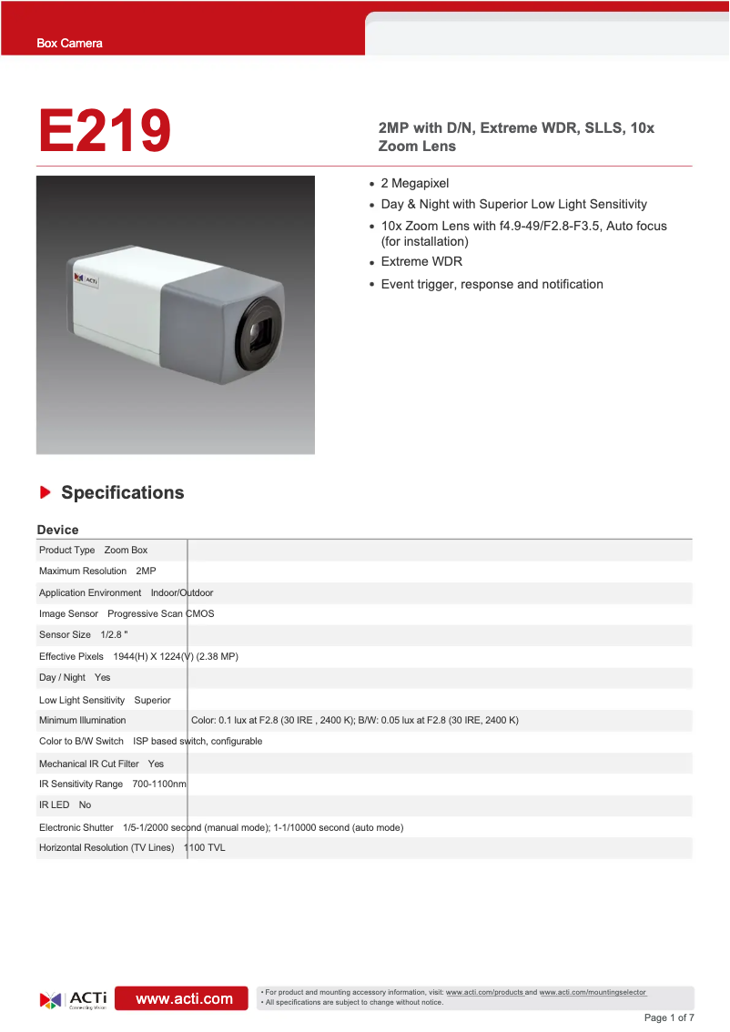 Page 1 de la notice Fiche technique ACTi E219
