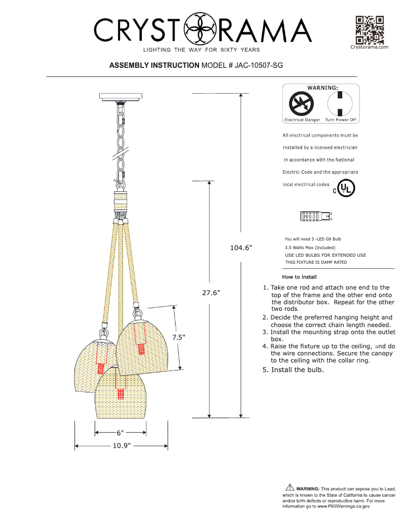 Page 1 de la notice Manuel utilisateur Crystorama Jace JAC-10507-SG