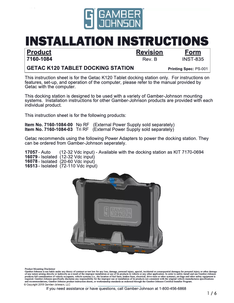 Page 1 de la notice Manuel utilisateur Gamber-Johnson 7160-1084