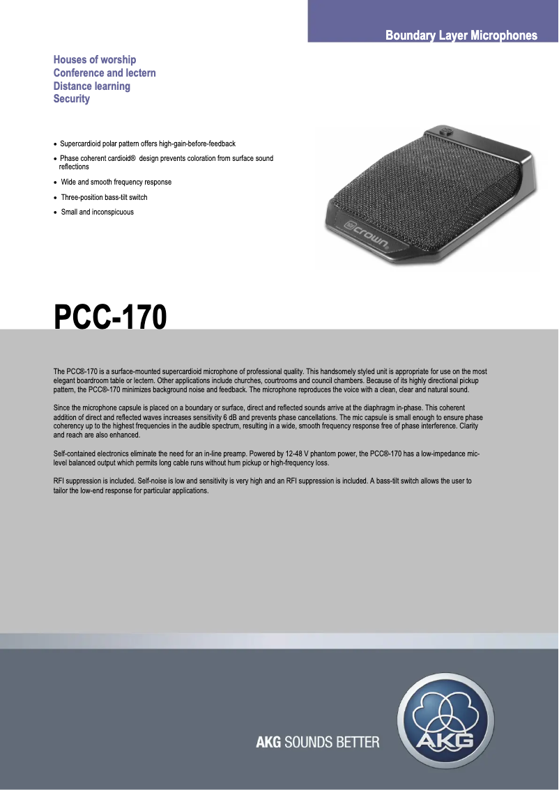 Page 1 de la notice Fiche technique AKG PCC170