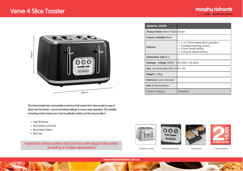 Page 1 de la notice Fiche technique Morphy Richards Verve 243010