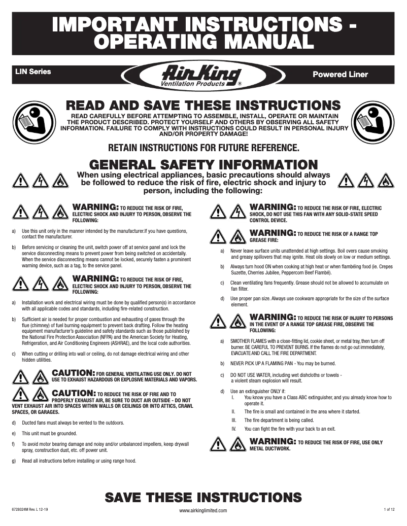 Page 1 de la notice Manuel utilisateur Air King LIN34m-600