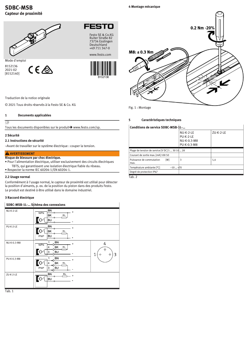 Page 1 de la notice Manuel utilisateur Festo SDBC-MSB-1L-ZU-K-2-LE