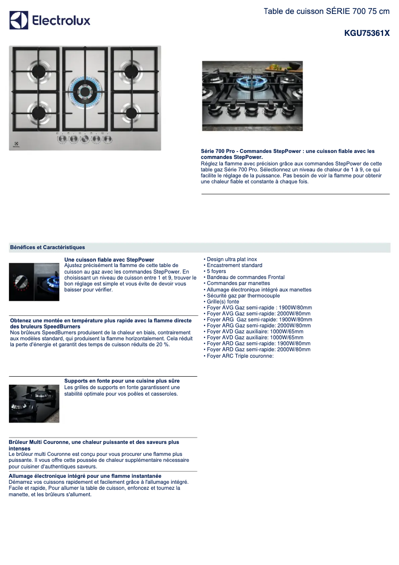 Page 1 de la notice Fiche technique Electrolux KGU75361X