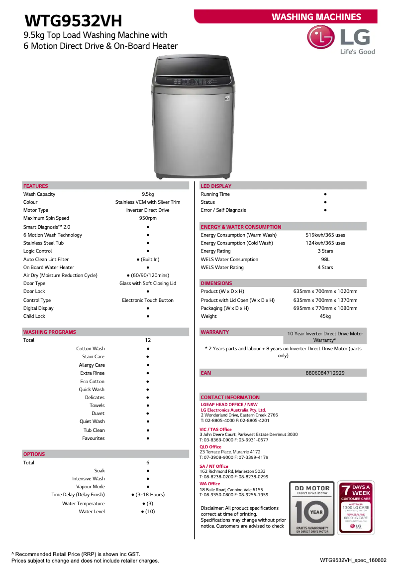 Page 1 de la notice Fiche technique LG WTG9532VH