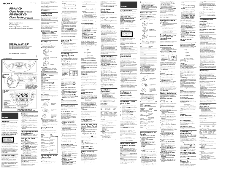 Page 1 de la notice Manuel utilisateur Sony ICF-CD853
