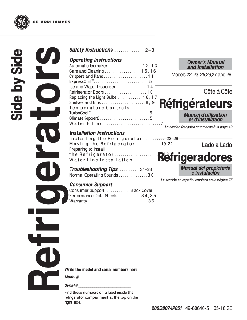 Page n°1 - Guide d'installation GE GSS23GGKWW