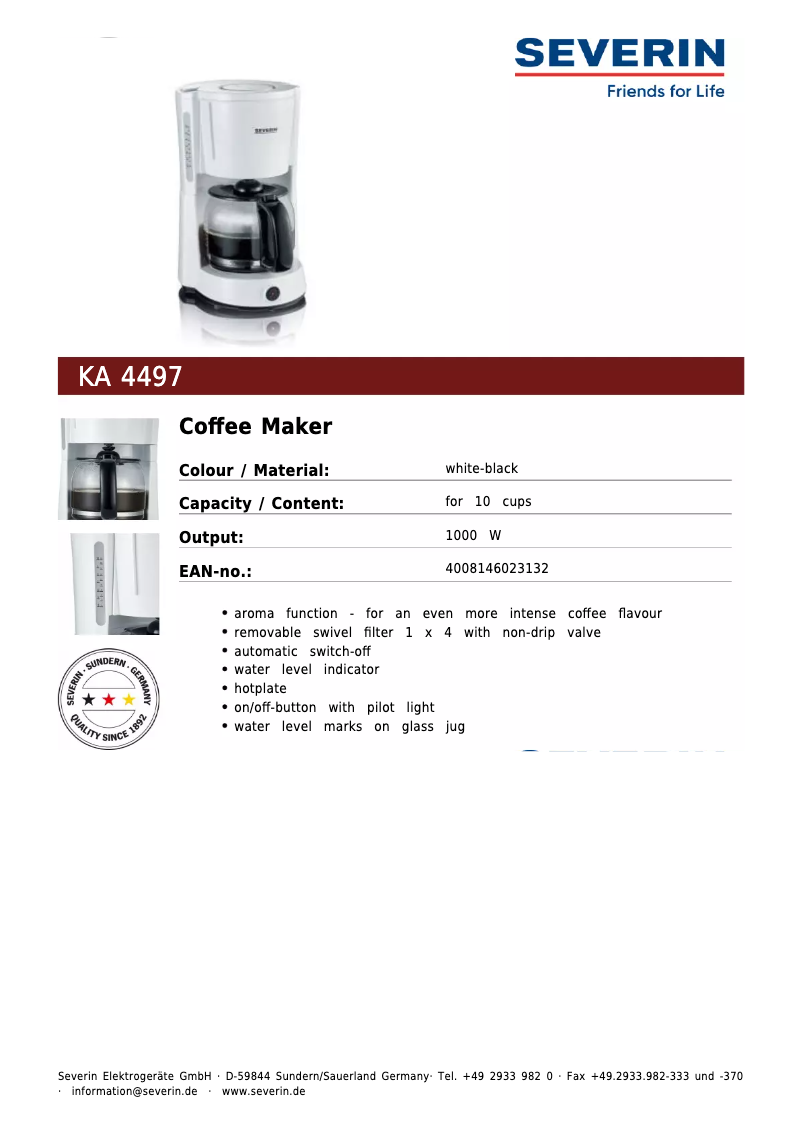 Page 1 de la notice Fiche technique Severin KA 4497