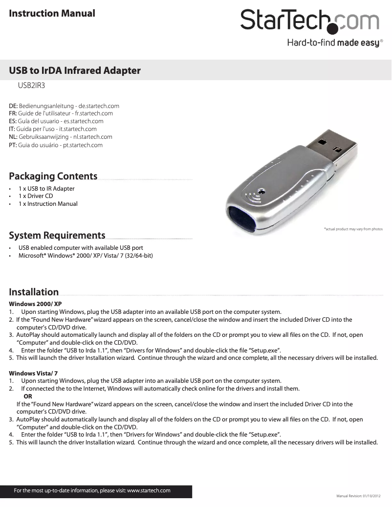 Page 1 de la notice Manuel utilisateur StarTech.com USB2IR3