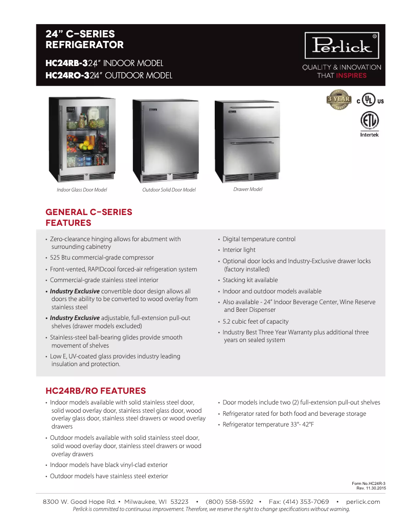 Page 1 de la notice Fiche technique Perlick HC24RO-3-5