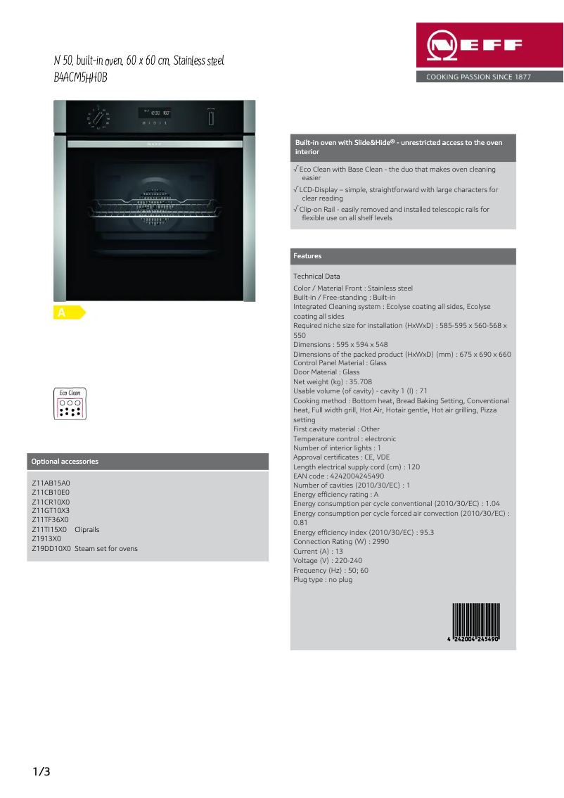 Page 1 of the manual Technical Sheet Neff B4ACM5HH0B