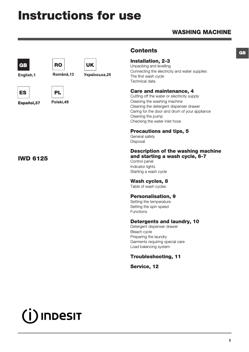 Page 1 de la notice Manuel utilisateur Indesit IWD 6125 (EU)