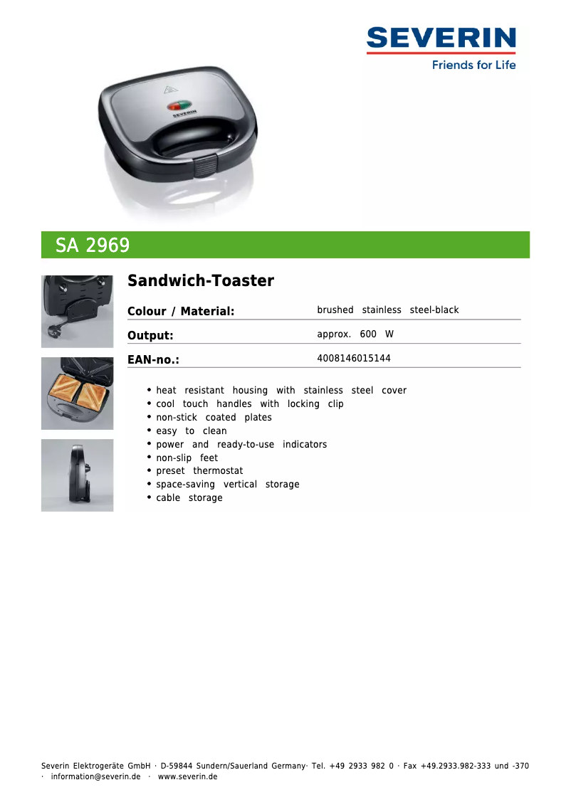 Page 1 de la notice Fiche technique Severin SA 2969