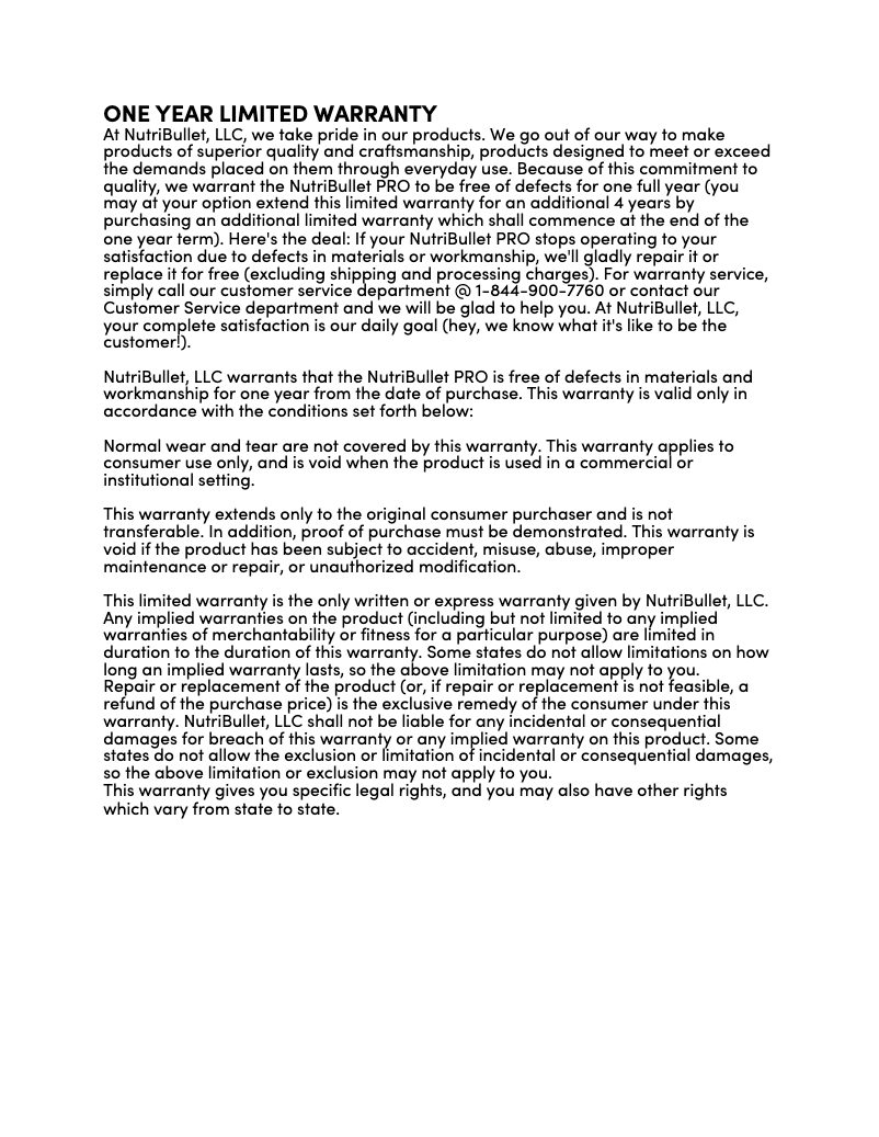 Page 1 de la notice Informations de garantie NutriBullet 600W