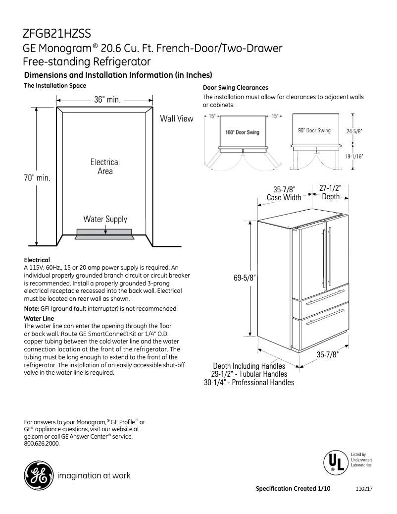 Página 1 del manual Ficha técnica GE ZFGB21HZSS