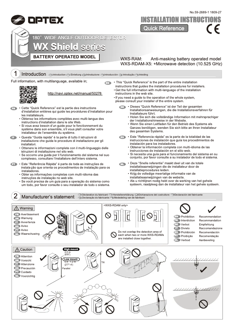 Page 1 de la notice Manuel utilisateur Optex WXS-RAM