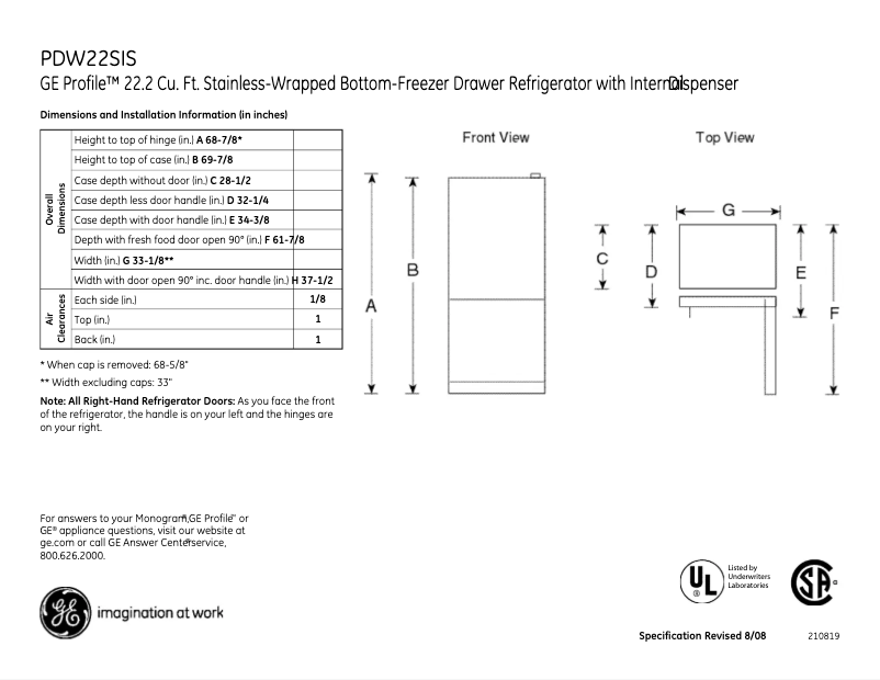 Page 1 of the manual Technical Sheet GE PDW22SISRSS