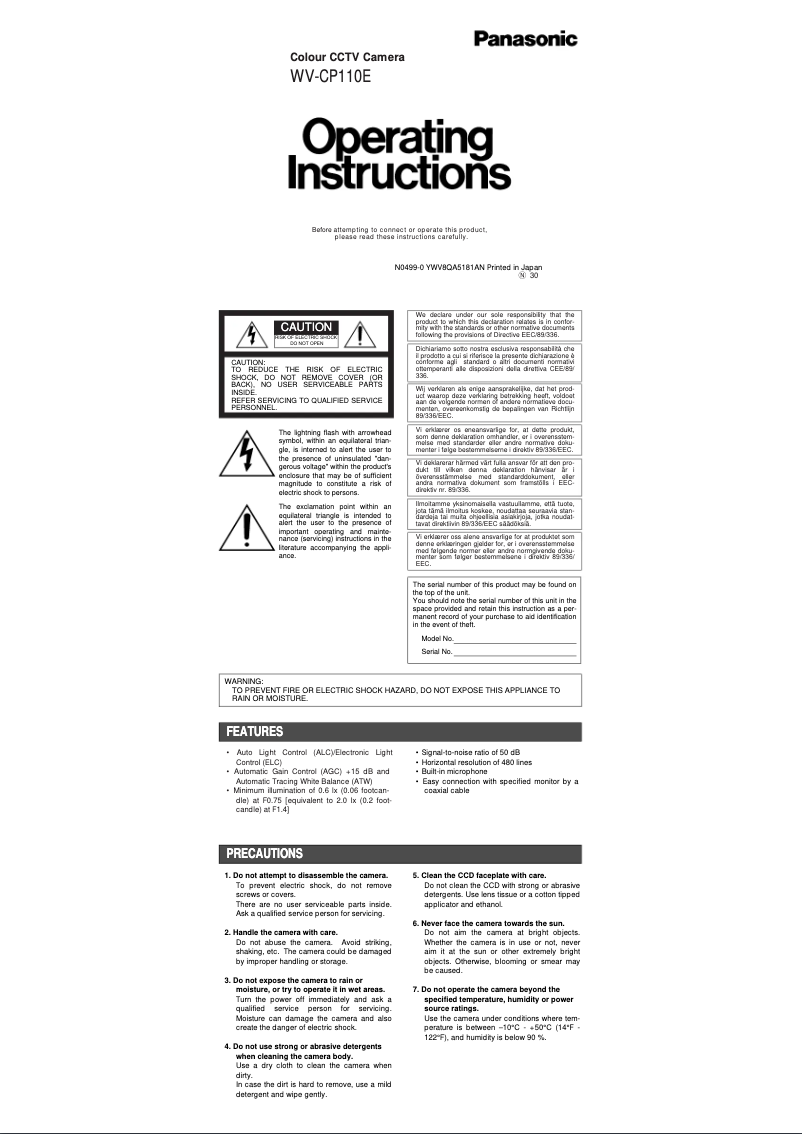 Page 1 de la notice Manuel utilisateur Panasonic WV-CP110