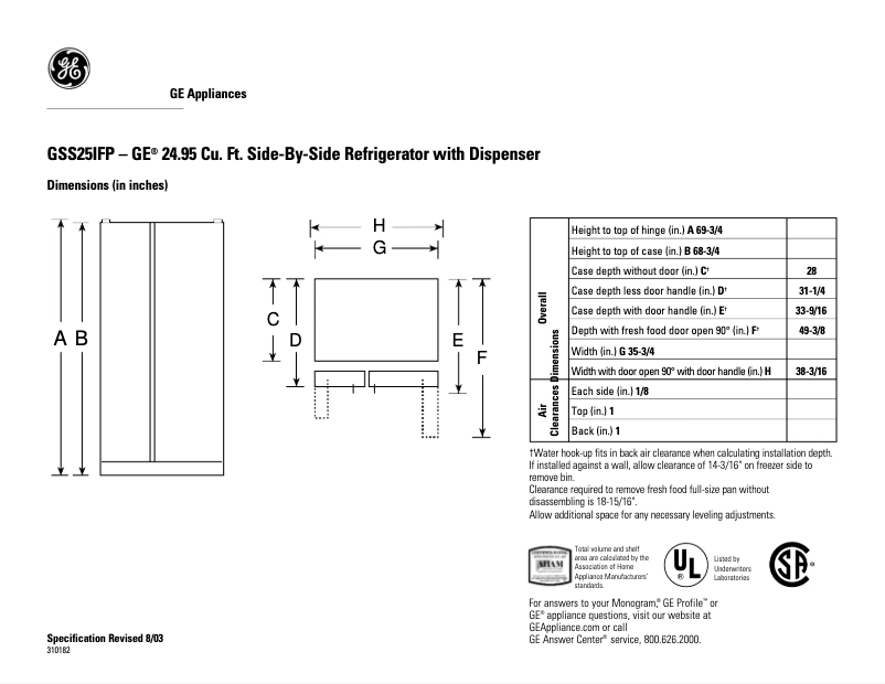 Page n°1 - Fiche technique GE GSS25IFPWW
