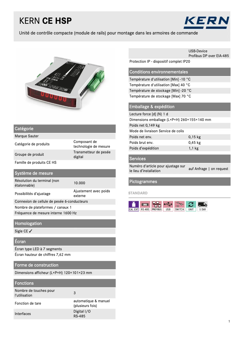 Page 1 de la notice Fiche technique Kern CE HSP