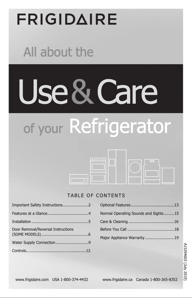 Page 1 de la notice Manuel d'utilisation et d'entretien Frigidaire FFHT1425VB