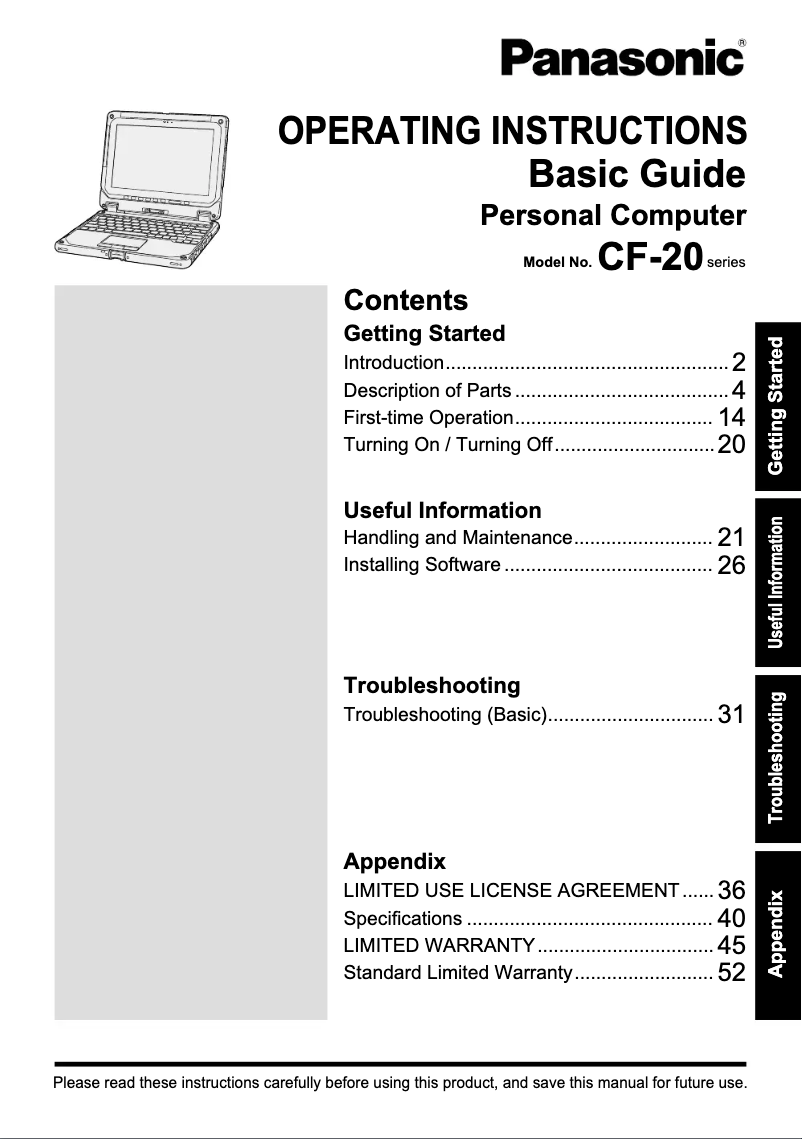 Page 1 de la notice Manuel utilisateur Panasonic Toughbook 20