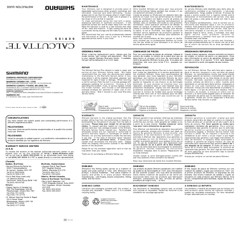 Page 1 de la notice Manuel utilisateur Shimano Calcutta TE 200GT