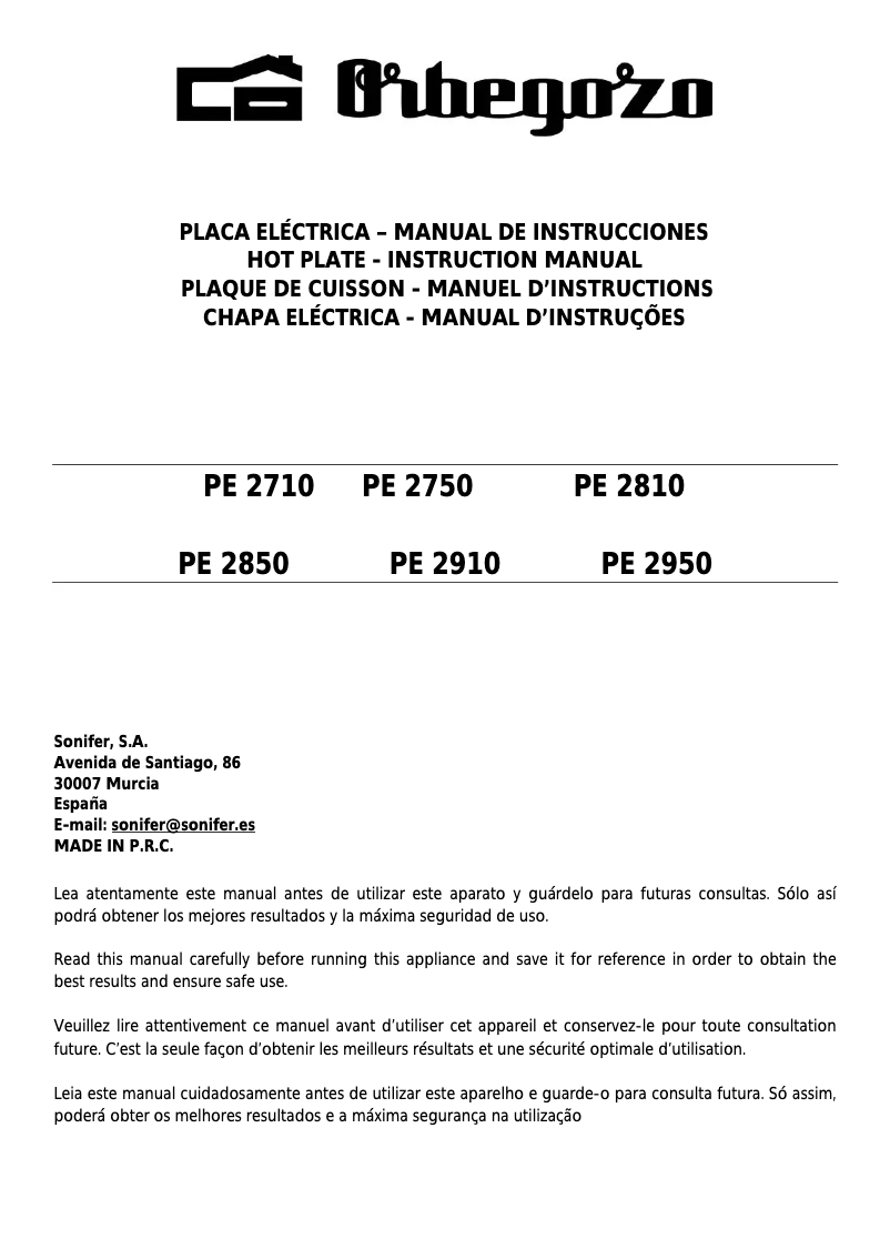 Page 1 de la notice Manuel utilisateur Orbegozo PE 2850