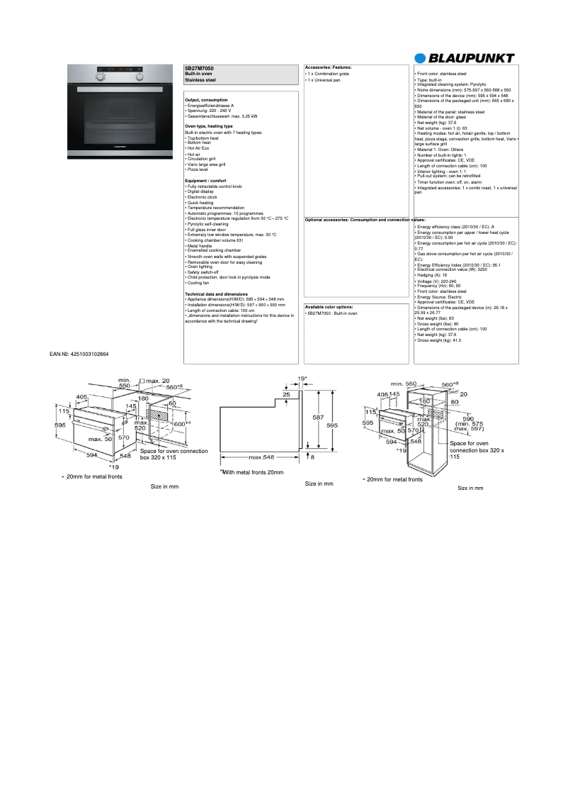 Page 1 de la notice Fiche technique Blaupunkt 5B27M 7050