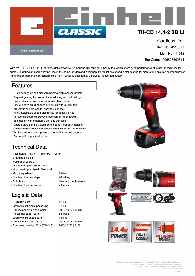 Página 1 del manual Ficha técnica Einhell TH-CD 14,4-2 2B Li