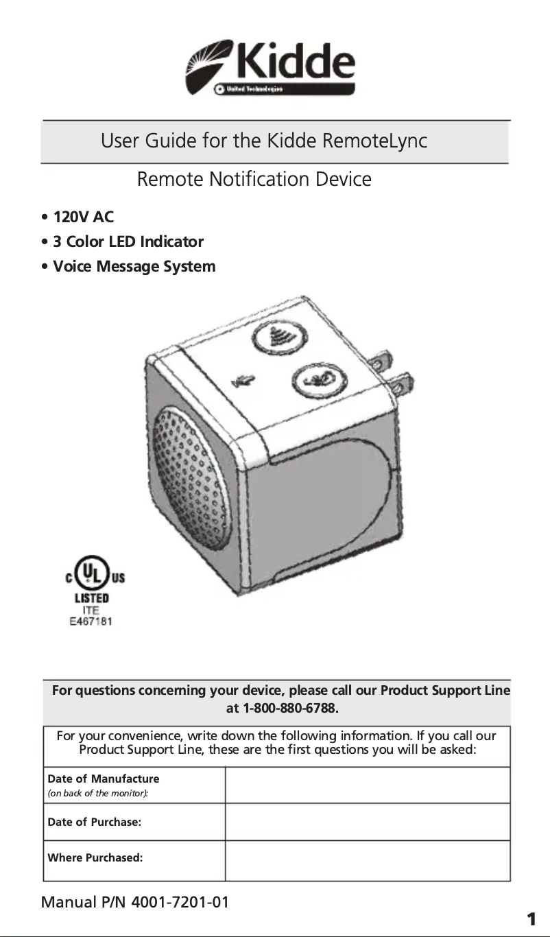 Page 1 de la notice Manuel utilisateur Kidde RemoteLync 21026465