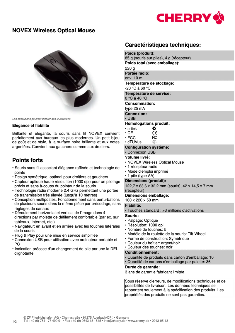 Page 1 de la notice Fiche technique Cherry NOVEX