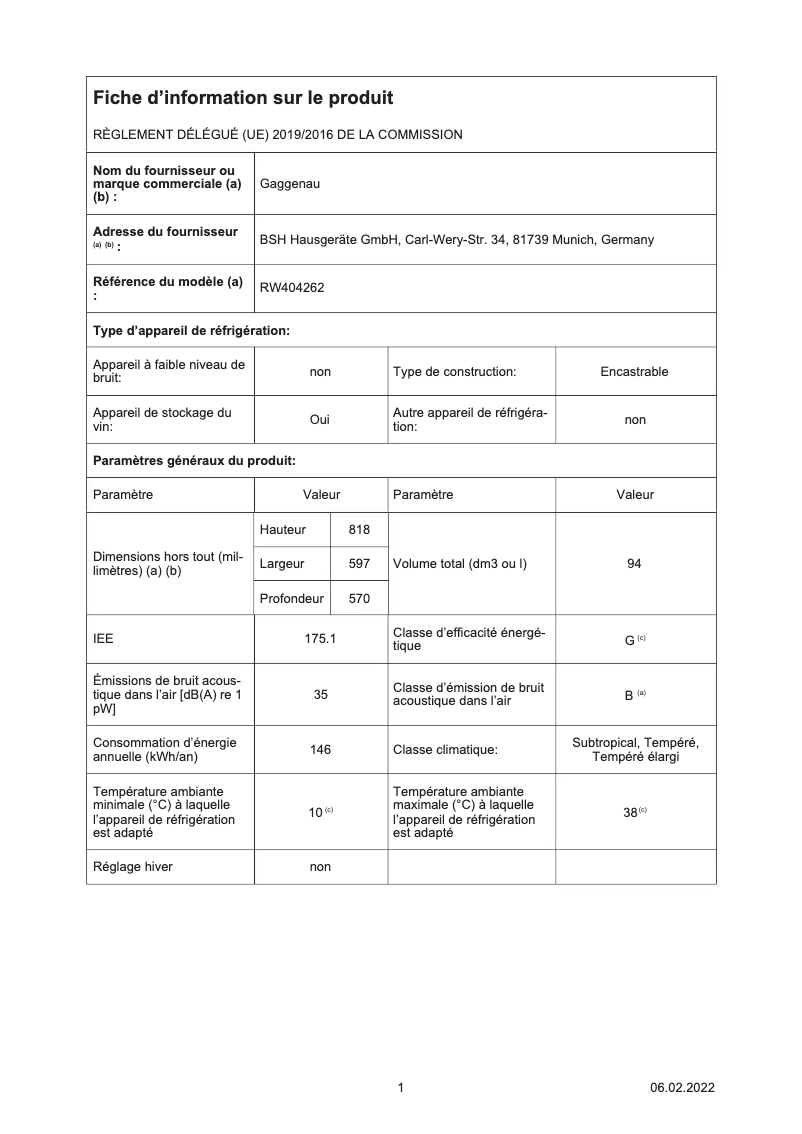Página 1 del manual Ficha técnica Gaggenau RW404262