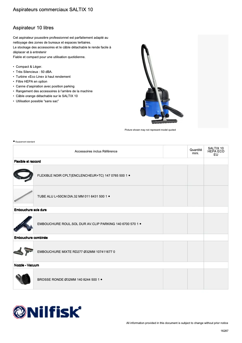 Page 1 de la notice Fiche technique Nilfisk Saltix 10