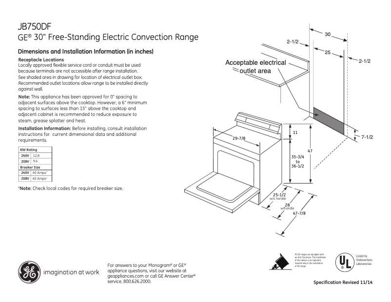 Página 1 del manual Ficha técnica GE JB750DFWW