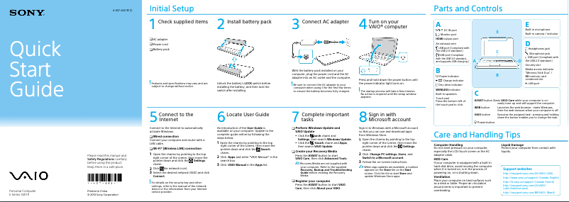 Page 1 de la notice Guide d'installation Sony Vaio SVE11135CXW