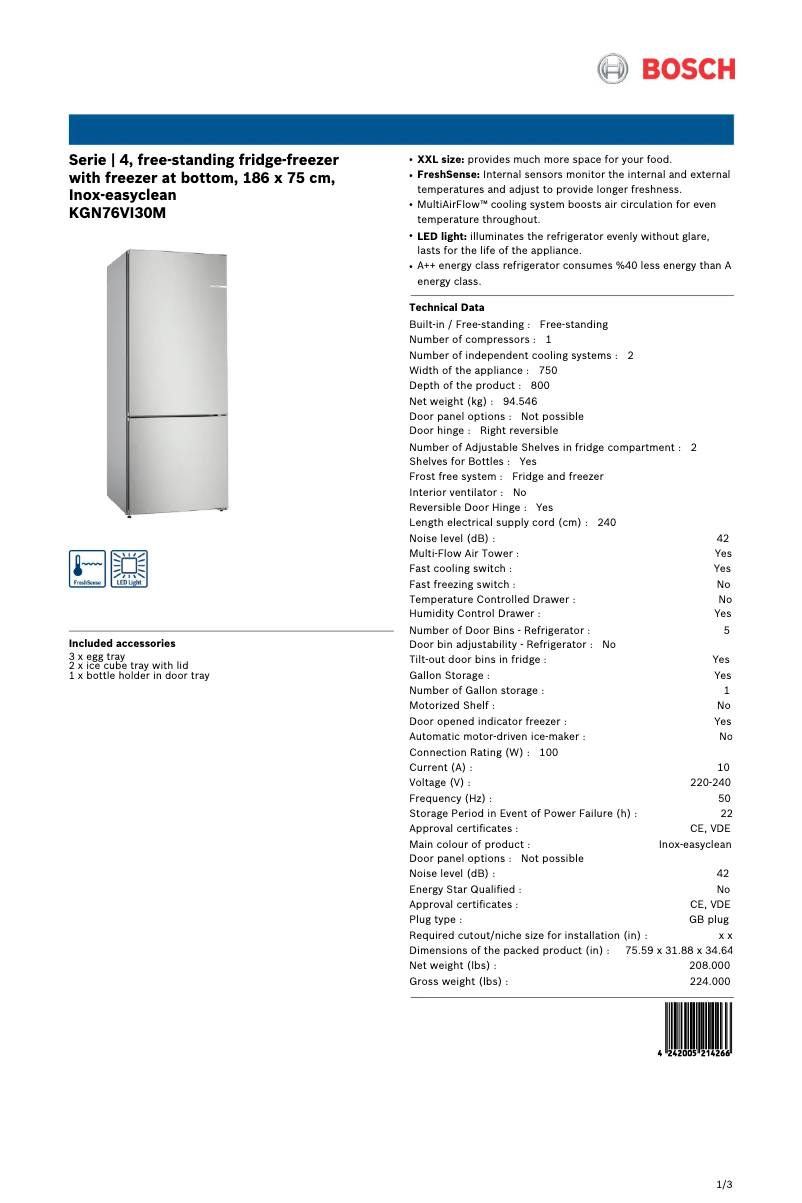 Page 1 of the manual Technical Sheet Bosch KGN76VI30M