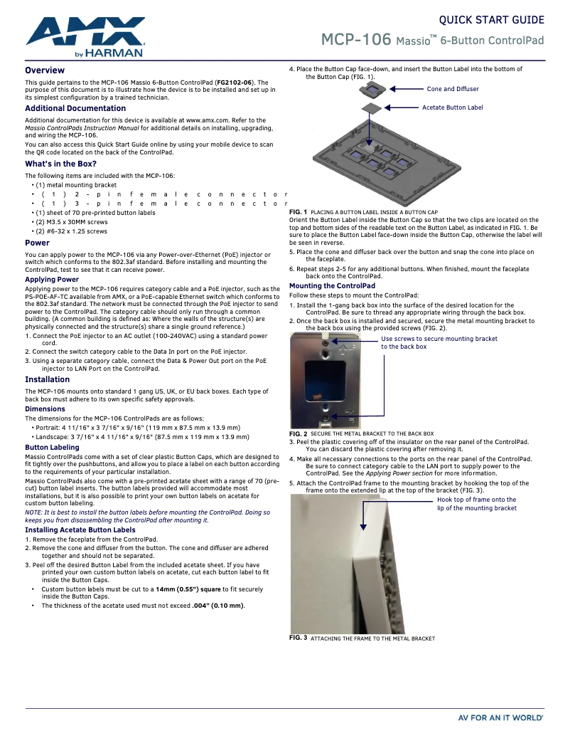 Page 1 de la notice Guide de démarrage rapide AMX MCP-106